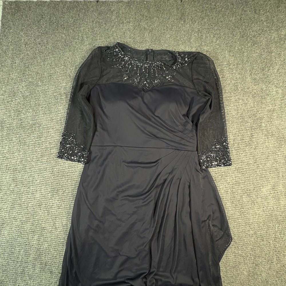 Alex Evenings Gown Womens 16 Navy Blue Excellent Illusion Beaded Ruched Mesh